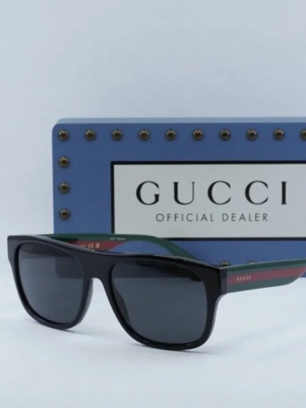 Gucci GG0341S 001 Square Sunglasses - Black and Green with Red Stripe\Grey
